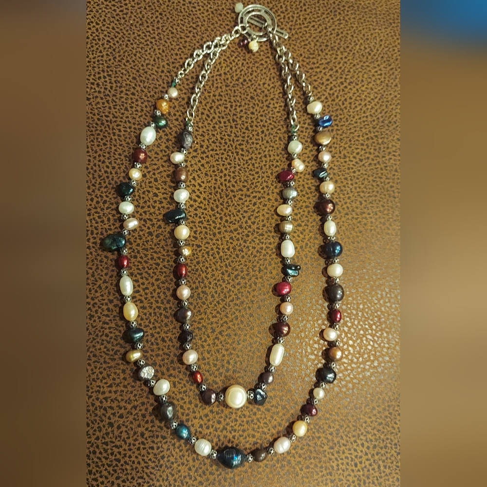 Vintage 925 pearl double layered Necklace beautiful 🔵💙 colorful ❤️pearl's 💚